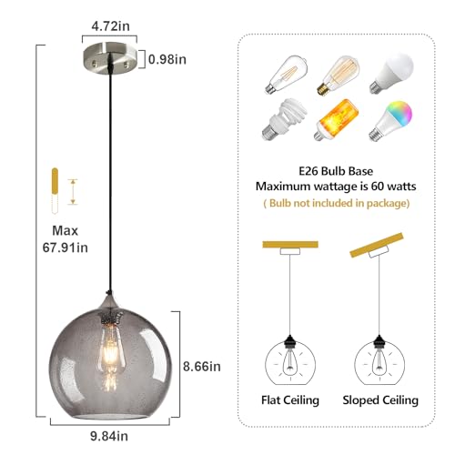 Image of Light Grey Glass Pendant Lights Kitchen Island Globe Pendant Light Fixtures Modern Pendant Lighting for Bedroom Living Dining Room Light Fixture (9.84 in, 1 Pack)