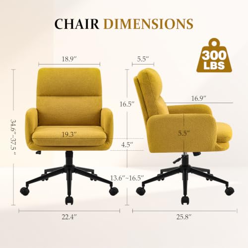 Image of Comfortable Ergonomic Office Chair, Upholstered Desk Chair with Double-Layer Cushioning, Adjustable Height Swivel Task Chair with Padded Armrests, Rolling Wheels and Metal Base, Yellow