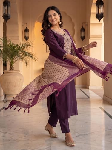Image of INDO ERA Women's Silk Blend Embroidered Sequinned Kurta & Pant with Dupatta Set