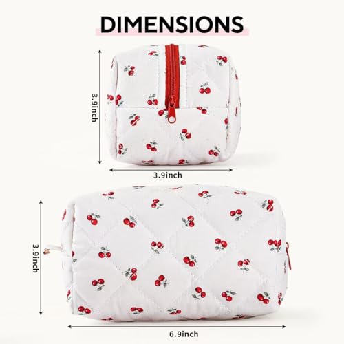 Image of Floral Quilted Makeup Bag - Cosmetic and Skincare Product Pouch, Fashionable Travel Puffy Coquette Makeup Bag, Small Cute Cherry Design