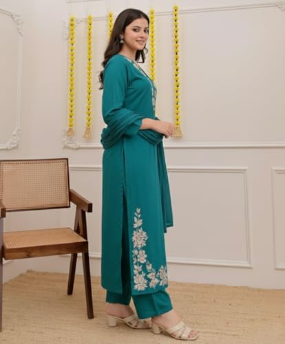 Image of ANNI Designer Pure Cotton Embroidered Kurta Set for Women | Rust Orange Kurta with Pants & Dupatta | Floral Neck & Hem Embroidery | Cotton Kurta Set for Women | 10 Colour Options Available