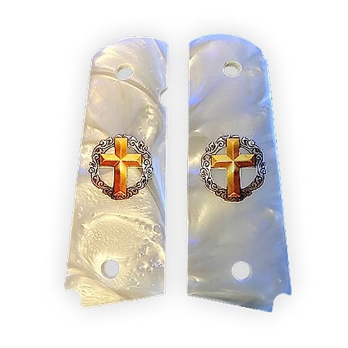 1911 Pearl Grips Compatible Replacement for Gov. & Clones White Faux Mother of Pearl UV Printed Gold Cross Bonus 4 Gold Screws - Premium Gun Grips
