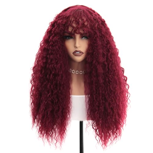 HiTuMyPi Burgundy Curly Wig with Bangs, 26INCH Synthetic