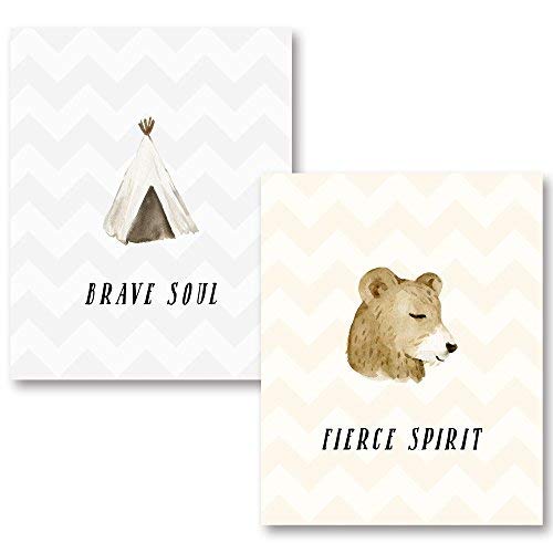 Leoner22art Sagebrush Fine Art Adorable Bear and Tipi Brave Soul and Fierce Spirit Chevron Set, Two 8x10 inches Unframed Canvas Art Printed