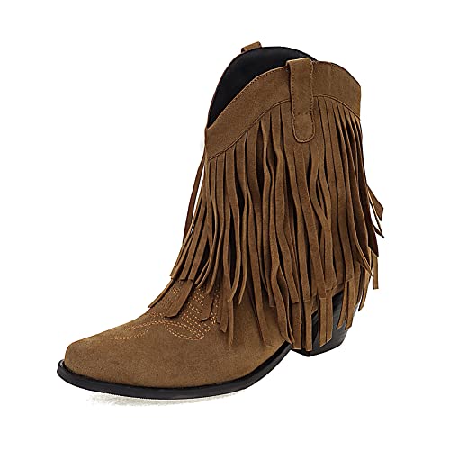 Tscoyuki Women's Western Tassel Cowboys Ankle Boots, Retro Embroidery Pointy Toe Chunky Block Heel Cowgirls Ankle Booties #TOP10