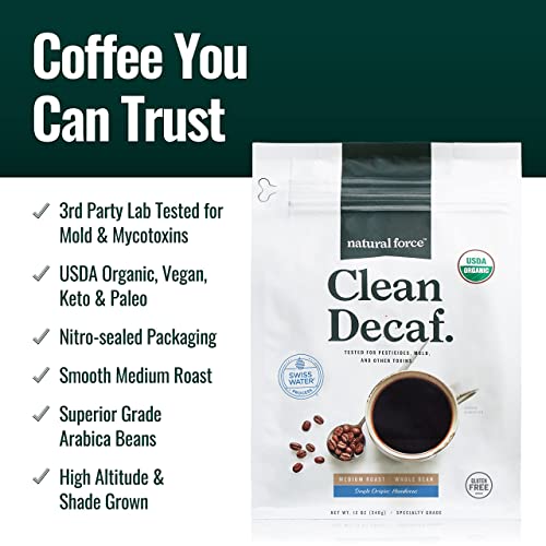 Natural Force - Organic Clean Decaf Coffee, Mold & Mycotoxin Free, Lab Tested for Toxins & Purity, Low Acidity, Whole Bean Swiss Water Decaf Medium Roast, 12 oz