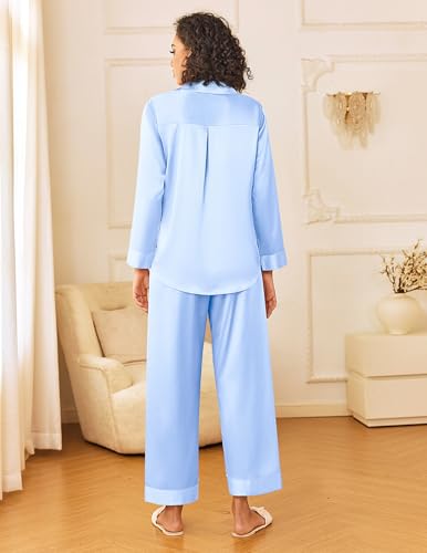 Image of Ekouaer Womens Silk Satin Pajama Sets 2 Piece Sleepwear Pjs Set Long Sleeve Button Down Top and Pants Stripe Loungewear S-XXL