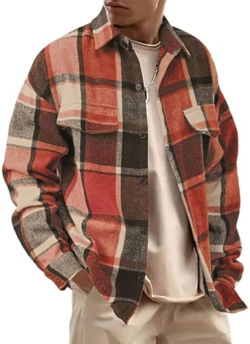 WINKEEY Chemise Homme en Flanelle Épaisse Chemise Boutonnée à Carreaux Manches Longues Veste Décontractée Hiver, Orange L