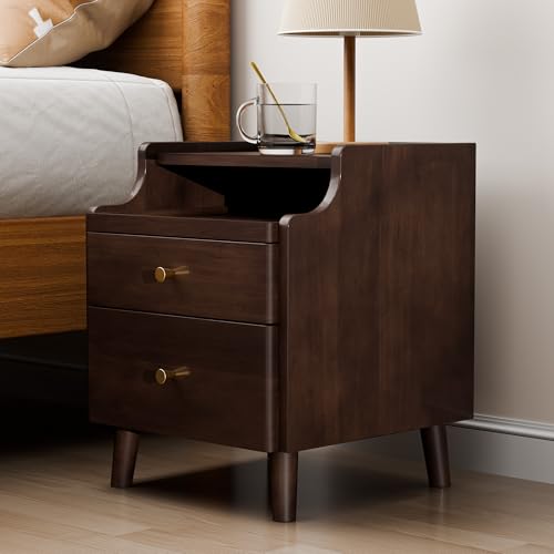 Image of Nightstand Set of 2, Pre-Assembled, 19.7 inchH Solid Wood Night Stand with 2 Drawers, Open Sliding Shelf, Mid Century Modern Small Bedside Table for Bedroom, Black Walnut 16 inch