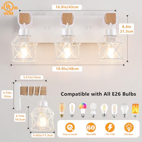 Image of FadimiKoo 3-Light Farmhouse White Bathroom Vanity Light Fixtures, Rustic Wood Vanity Lights for Bathroom, Modern Bath Sconces Wall Lighting with Elegant Metal Shade for Mirror, Living Room, Bedroom