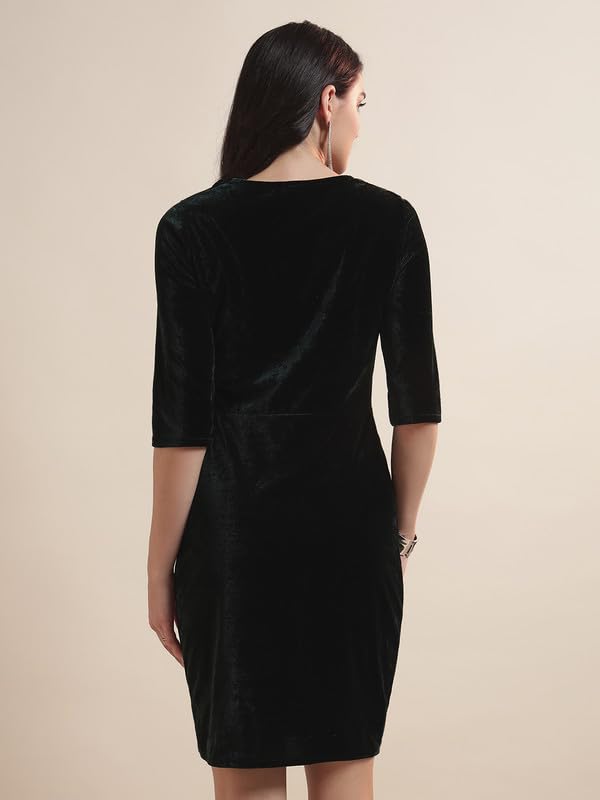 Image of Vaararo V-Neck Party Dress for Women Bodycon | Shiny Velvet Half Sleeves Above Knee Length Outfit