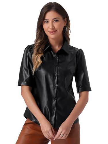 Allegra K Women's Faux Leather Shirt Button Down Puff Sleeve PU Jacket Blouse