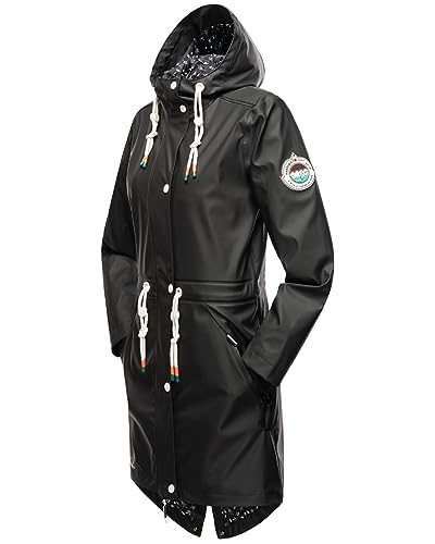 Navahoo Damen Übergangsjacke Regenmantel wasserdichte lange Regenjacke mit verstellbarer Kapuze und geschweißten Nähten Tropical Stormoo Black Gr. M
