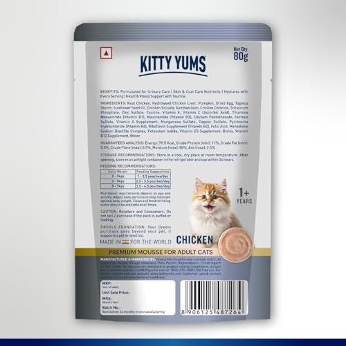 Image of Kitty Yums Adult Cat Wet Mousse 80g | Chicken | Rich in Protein | Promotes Hydration & Easy to Digest | Grain Free | No Artificial Flavours | Packed with Essential Vitamins & Antioxidants