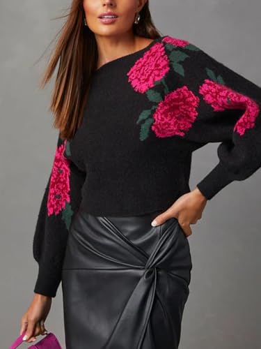 Women’s Cropped Floral Sweater Oversized Long Sleeve Knit Pullover Boho Loose Fit Knitted Jumper Top2