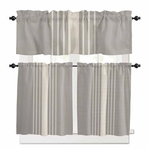 Beige Striped Kitchen Curtains 36 Inch Length,3 Piece Rod Pocket Small Half Tiers and Valance Set,Grey Geometric Minimalist Modern Artwork Small Large Window Treatment Decor for Bedroom/Bathroom Sink