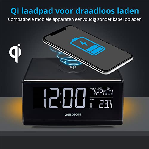 MEDION E75009 Wekker met Qi-oplaadfunctie (alarmstation, laadstation, inductief opladen, temperatuurweergave, snoozefunctie, timer, displaydimmer) Zwart - Image 3
