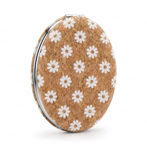 Image of Floral Cork Compact Mirror for Women | Portable Pocket Makeup Mirror with Dual Mirror | Travel Friendly Folding Vanity Mirror for Purse & Handbag
