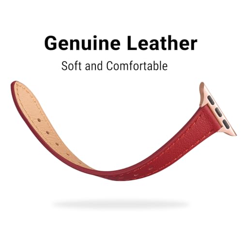 Image of STIROLL Slim Leather Bands Compatible with Apple Watch Band 38mm 40mm 41mm 42mm(Series 11 10), Top Grain Leather Watch Thin Wristband for iWatch SE 9 8 7 6 5 4 3 2 1(Red Rose Gold)