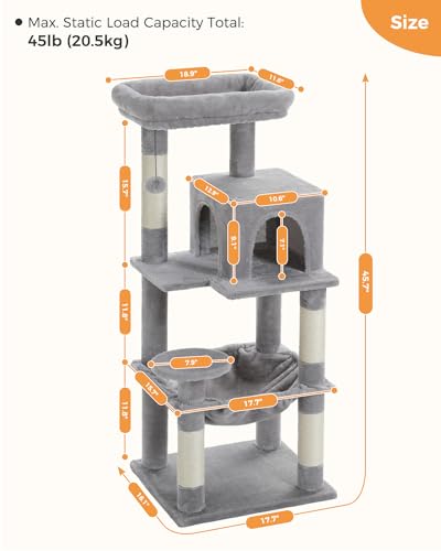 Image of MUTTROS Cat Tree for Indoor Cats, 45.7 inch Multi-Level Cat Tower with Large Metal Frame Hammock, Cat Condo with 4 Scratching Posts and Top Perch for Small Medium Kitty, Grey
