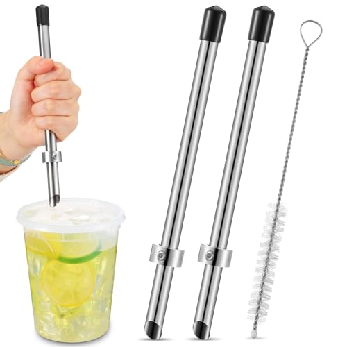Lasnten 2 Pack Straw Puncher for Plastic Lids Lemonade Cups Stainless Steel Straw Hole Puncher Punching Tools for Cafe Drinks Deli Container Squeezed Fresh Lemonade Stand Supplies(8.7 Inch Black)