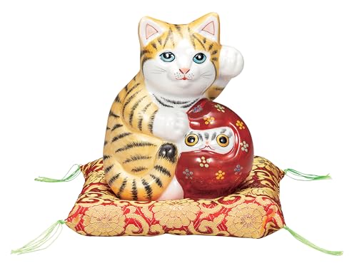 九谷焼 招き猫 置物 商売繁盛 開運 左手 座布団付 高さ15.5cm 5号 金彩・達磨 K9-1643