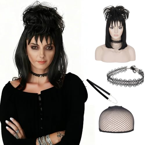 Benehair Lydia Deetz Wig for Women Black Ghost Bride Costume Wig for Cosplay Halloween Party Black Wig With Bun