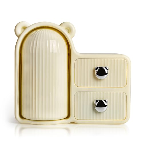 FoiiLiio Organizador Maquillaje Montada en la Pared, Gran Organizador de Cosmeticos Giratorio 360°, Multifuncional Makeup Organizer con 2 Cajones y Tapas, para Baño y Dormitorio (Amarillo Pálido)