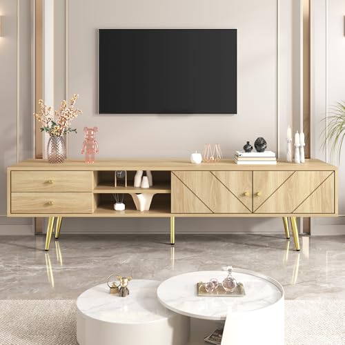 Merax Meuble TV 160 cm avec Pieds Dorés, 2 Tiroirs et Portes Uniques avec Design en Rainures – Meuble TV en Bois, Minimaliste, Rangement Élégant pour Salon