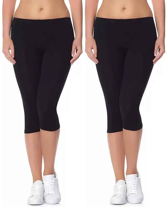 Buddhoo Cotton Capri, Combo Leggings for Girls & Women's | Slim Fit Women Capri Leggings | Breathable Fabric Activewear for Workout & Running | Pack of 2 (Black - XL)-image-20