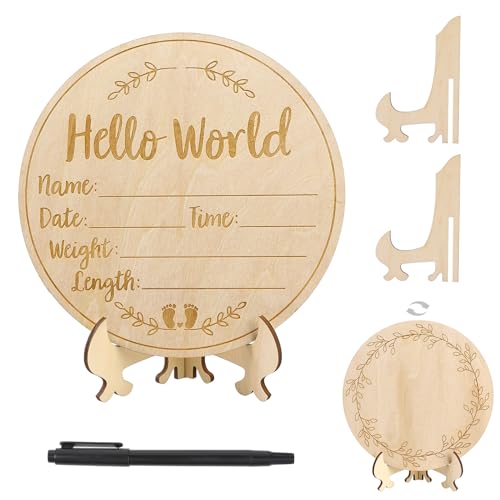 Image of simarro Baby Announcement Sign, Wooden Hello World Newborn Sign with Pen and Rope, Baby Name Announcement Sign Newborn for Hospital Birth Photography Prop Baby Shower Nursery Gift(Bracket Placement)