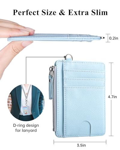 Image of Teskyer Slim RFID Wallet for Women, Small Card Holder with Zip Pocket, Cyan, 3.5 inch x 4.7 inch, Minimalist | Zip Pocket for Cash Coin, 1 ID Window & 7 Card Slots, Ultra Slim Design, D-Ring for Neck Lanyard, for Daily Carry and Travel