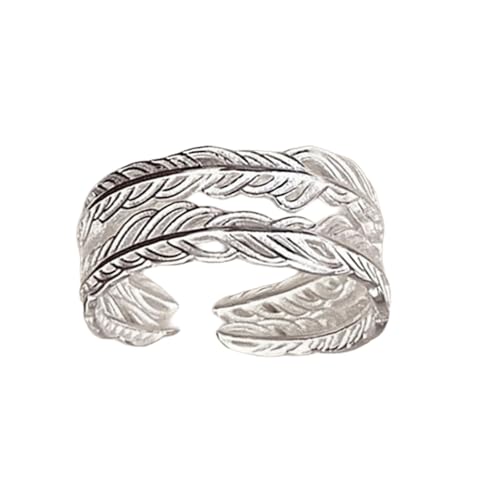 Bague réglable plume style rétro vintage unisexe en métal argenté