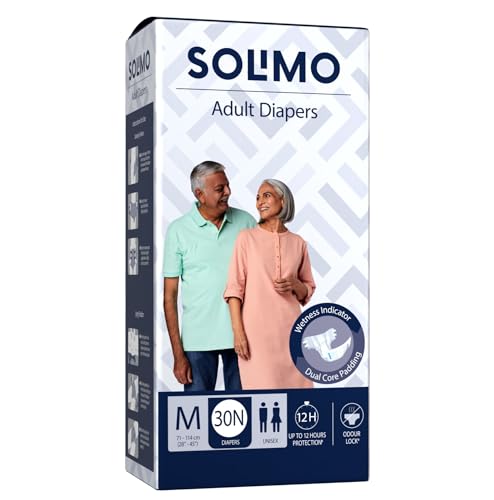 Amazon Brand - Solimo Adult Diapers Tape Style | Medium Size | 30 Count | Waist 28-45 Inch (71-114 cm) | Fast Absorption | Leak Proof | Unisex | For M