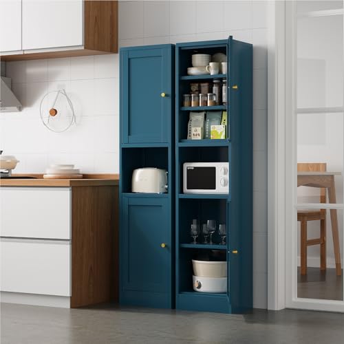 Image of 67 inch Tall Narrow Storage Cabinet with Doors and Open Shelf,Metal Pantry Cabinet,Shaker Style Slim Cabinet with Adjustable Shelves,for Bathroom Kitchen Laundry Small Spaces,Blue, 1Pc