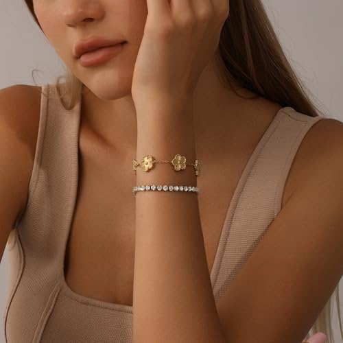 Stackable Four Leaf Clover Bracelets for Women, Tennis Bangle Bracelets Set for Women, 2 Pcs Trendy Jewelry Gifts2