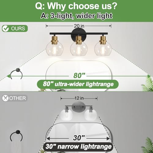 Image of Indoi 3-Light Bathroom Light Fixtures, Black and Gold Bathroom Lights Over Mirror with Clear Glass Globe Shade, Vanity Lights for Bathroom Kitchen Living Room Hallway Cabinet Bedroom Porch