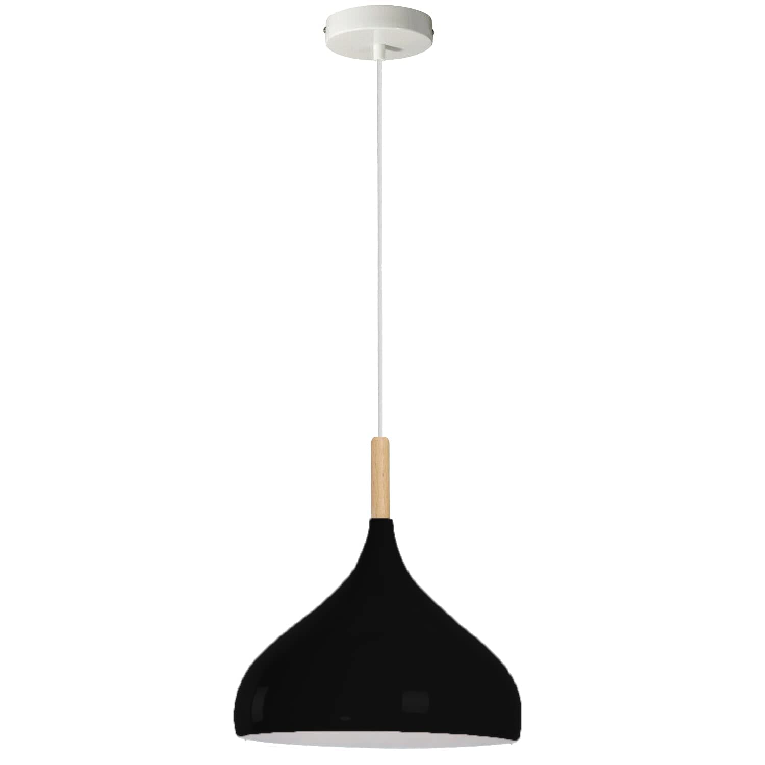 LEDSone Modern Hanging Pendant Light Fitting, Industrial Loft Ceiling Adjustable Lamp Retro Metal Large Light Shade, E27 Base 1m Pendant with Wood Part, Living Room, Kithcen Island, Bedroom (Black)