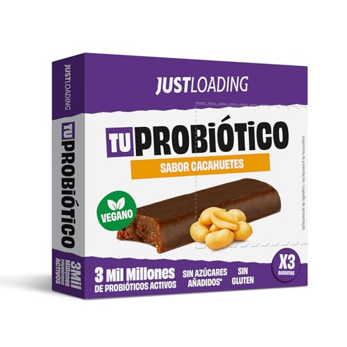 JustLoading Barrita con probióticos activos sabor cacahuete – Sin azúcares añadidos, sin gluten y sin lactosa – Snack saludable para deportistas. Pack de 12 unidades (4 estuches x 3 barritas de 35 g)