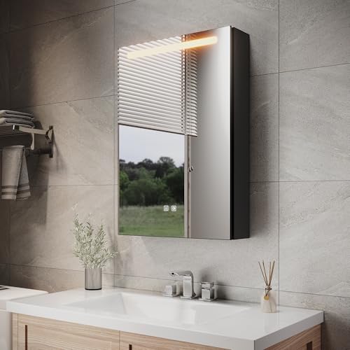 SUNXURY Badspiegelschrank Holz mit Beleuchtung 485x700x130mm Spiegelschrank Bad mit Steckdose und touchchalter Kosmetikablage Antibeschlag Einzeltür Badschrank aus MDF Schwarz