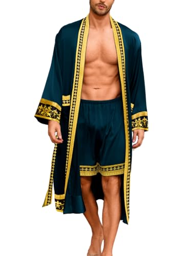ChiaoLezhee Men's Luxury Silk Robe Shorts Set 2PC Lightweight Satin Pajamas with Pockets Opulent Baroque Kimono Gifts, Bath Long Sleepwear Summer Sexy Hotel Loungewear,Dark Teal & Gold,Medium