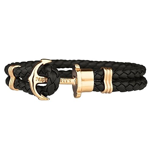 PAUL HEWITT Anchor Bracelet for Men and Women PHREP - Anchor Unisex Bracelet Leather (Black), Sailcloth Bracelets for Men and Women with Anchor Jewelry Made of Stainless Steel (Gold Plated)
