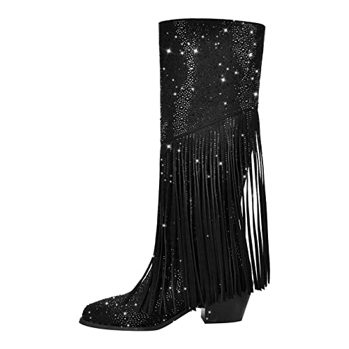 Richealnana Calf High Knee High Boots for Women Sparkle Rhinestones Clear Gems Shining Comfortable Tabs Pull-On Boots Fringe Tassel2