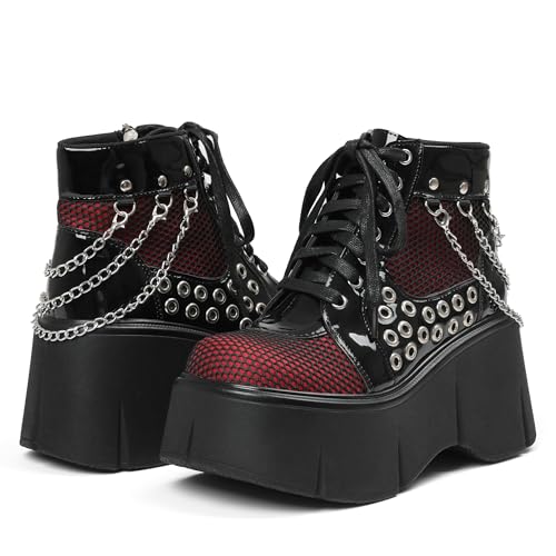 Women's Black Platform Boots Wedge Goth Round Toe Lace Up Chain Mesh Punk Combat Ankle Booties4