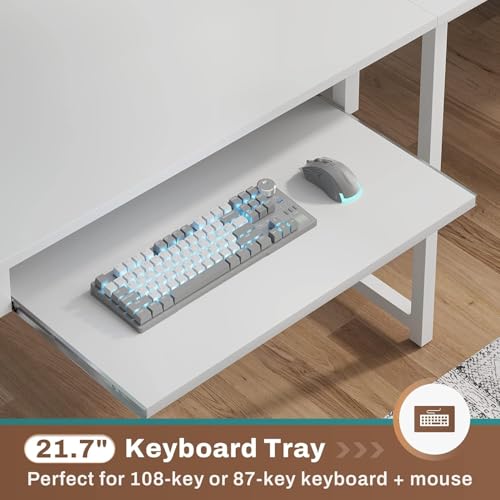 SEDETA White L Shaped Gaming Desk, Reversible Corner With Power Outlet and Pegboard, Hutch, Storage Shelf, Keyboard Tray, and LED Lights for Home Office