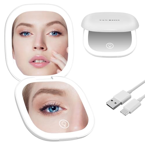 VANRIOS Compact Mirror with Light,15X Magnifying Travel Mirror for Purse, Dual LED Pocket Mirror with 3 Color Modes, Auto Shut-Off, Portable Makeup Mirror, Essential Mini Travel Magnifying Mirror