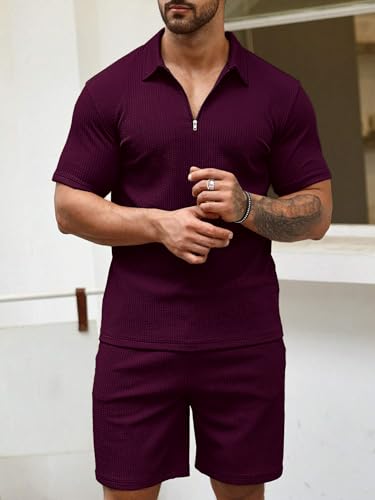 Image of Vogaan Men's Premium Cotton Blend Pyjama Set | Stylish Solid Polo Tshirt and Shorts | Casual Night Suit Wear Set for Man | Summer Co-ords Set with Shorts | Comfortable Nightwear & Loungewear
