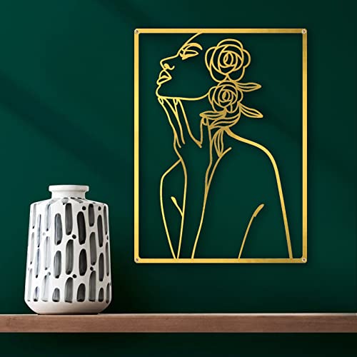 Origach Gold Wall Decor, 0.19 Inch Thicker Modern Abstract Female Single Line Minimalist Decor Metal Home Hanging Wall Sculptures(Women Rose) #TOP2