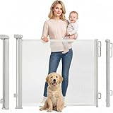 Rainberg Retractable Stair Gate for Baby & Pet with Secure 2-Step Lock 150cm Wide & 80cm Tall, One Hand Operated Baby Gate, Child Safety Gate for Doorways Stairs, Hallways, Kitchen (White)