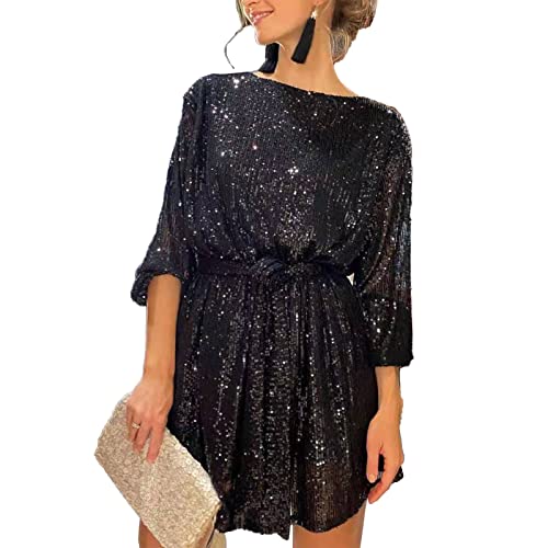ZYNCUE Vestido corto recto de lentejuelas de manga larga para mujer, vestido corto con cinturón, vestido corto para fiesta, talla S ~ XXL Cover